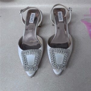 Badgley Mischka Ivory Satin Heels with Crystal Buckle